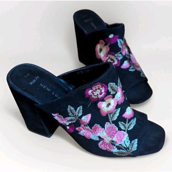 New Look Black Suedette Floral Embroidered Mule Sandals Open Toe Block Heel Sz 7 - Picture 2 of 10